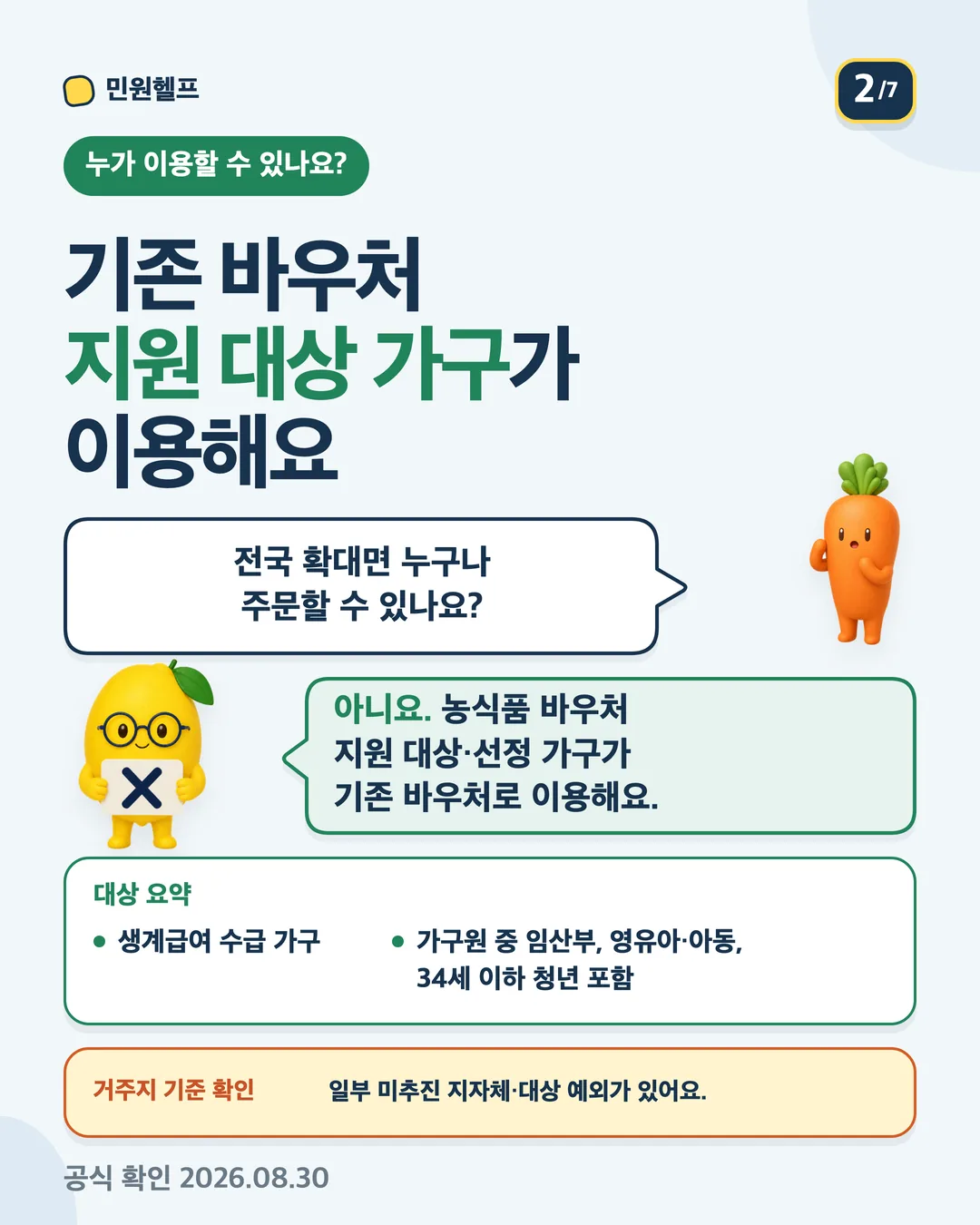 전국 확대는 누구나 받는 새 지원금이 아니라 기존 농식품 바우처 지원 대상 가구가 이용하는 배송 경로 추가임을 설명하는 대상 오해 교정