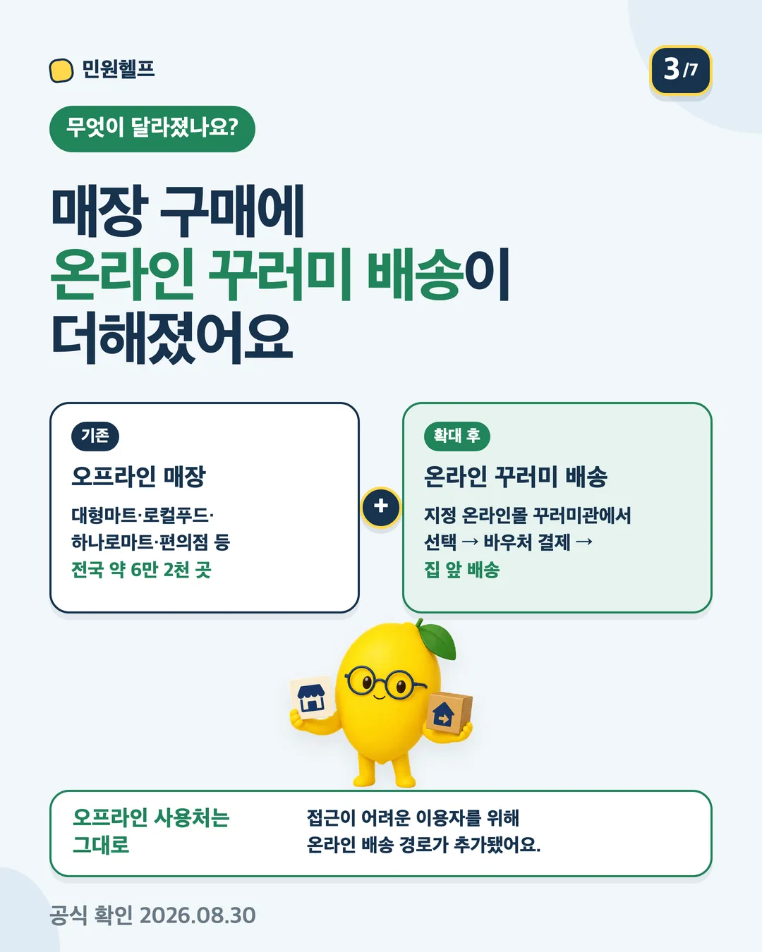 기존 오프라인 매장 이용은 유지되고 지정 온라인몰의 꾸러미 배송 경로가 추가됐음을 비교하는 안내