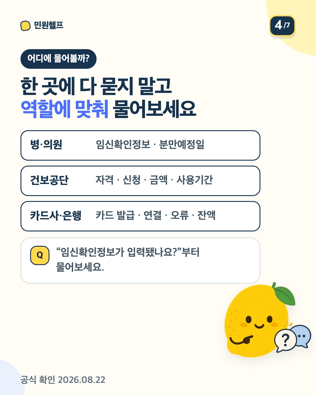 병·의원, 국민건강보험공단, 카드사·은행에서 각각 확인할 일을 구분한 기관 안내